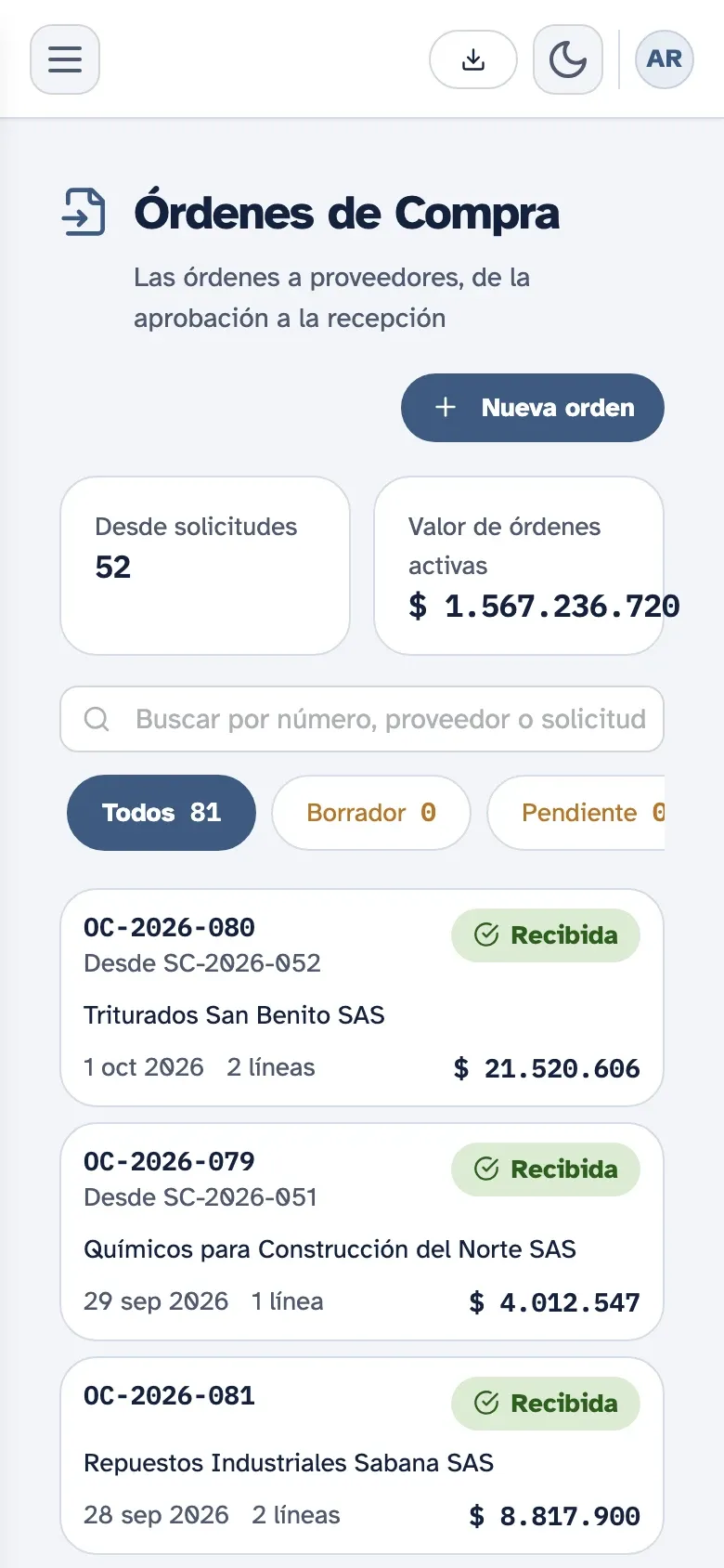 Órdenes de compra de Kembrio en el celular
