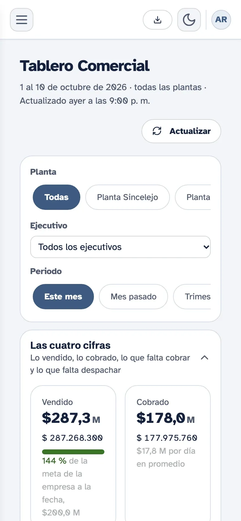 Tablero comercial de Kembrio en el celular