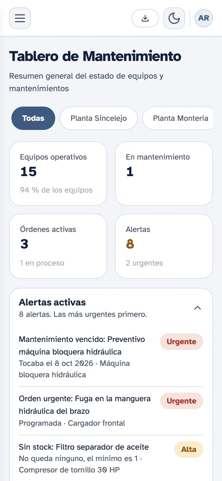Tablero de mantenimiento de Kembrio en el celular
